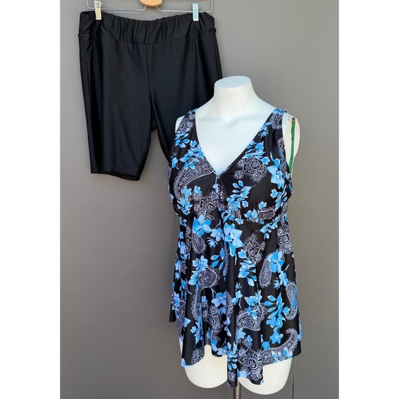 The Unbranded Brand Other - Floral Paisley Tankini Swimsuit Set 18W Black Blue Modest Swim Dress Bike Shorts
